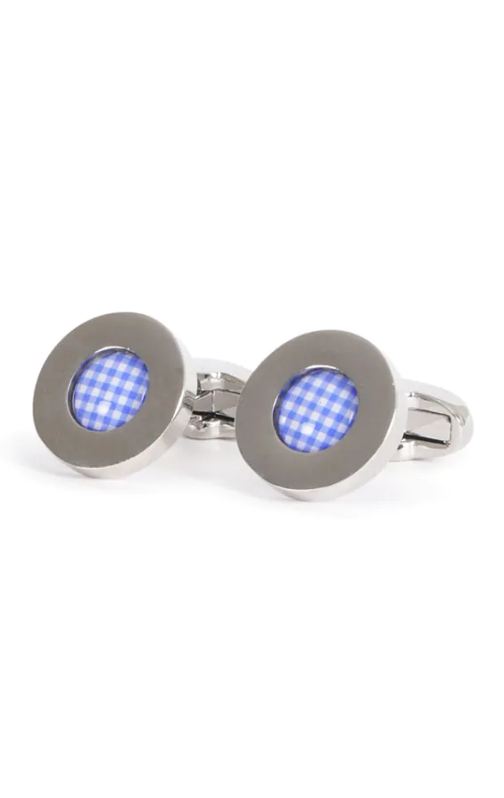 Blue Gingham Pattern Rhodium Plated Cufflinks