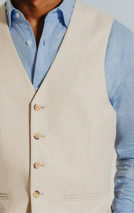 Dobell Cream Linen Slim Fit Waistcoat