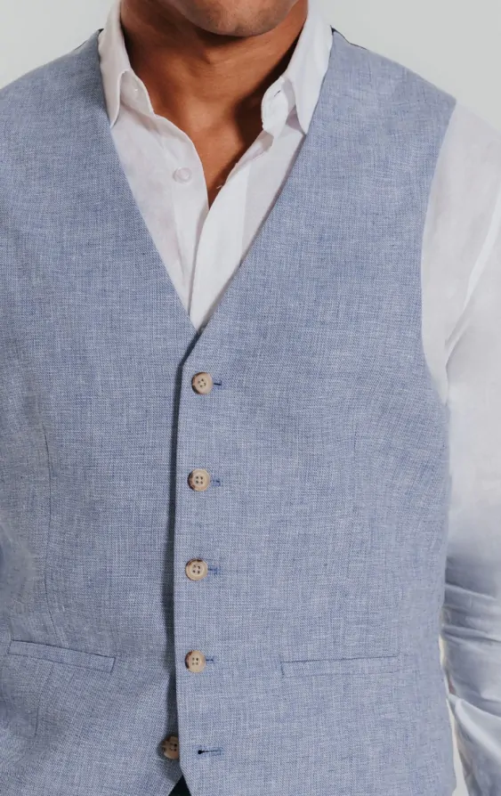Light Blue Linen Waistcoat thumbnail 2