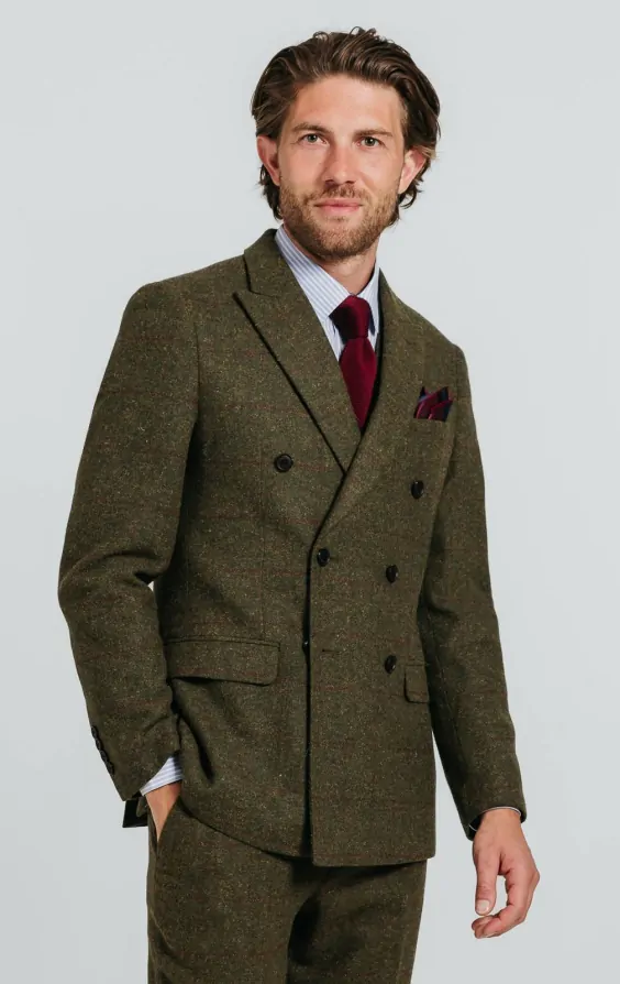 Double Breasted Green Windowpane Check Tweed Jacket Dobell