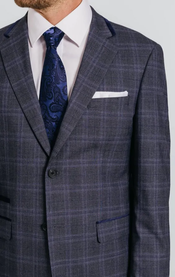 Grey and Blue Check with Navy Trim Suit Jacket thumbnail 4