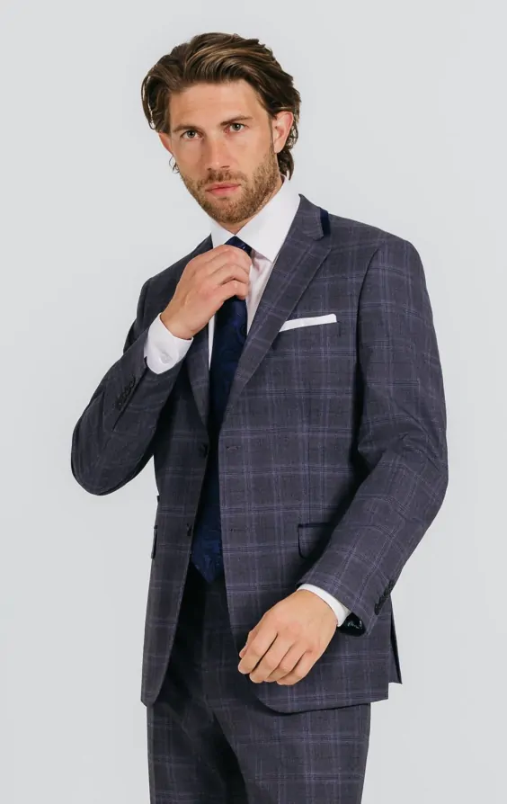 Grey and Blue Check with Navy Trim Suit Jacket primary image