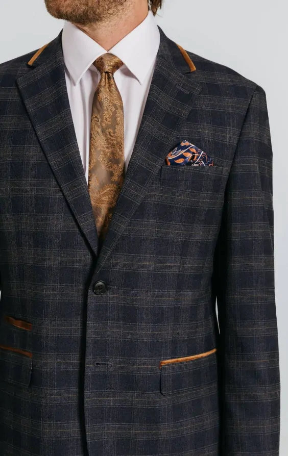 ★DAKS★ Crossback TAUNTON Navy Docks Heritage Check Pattern Navy Heritage Check with Brown Trim Suit Jacket | Dobell