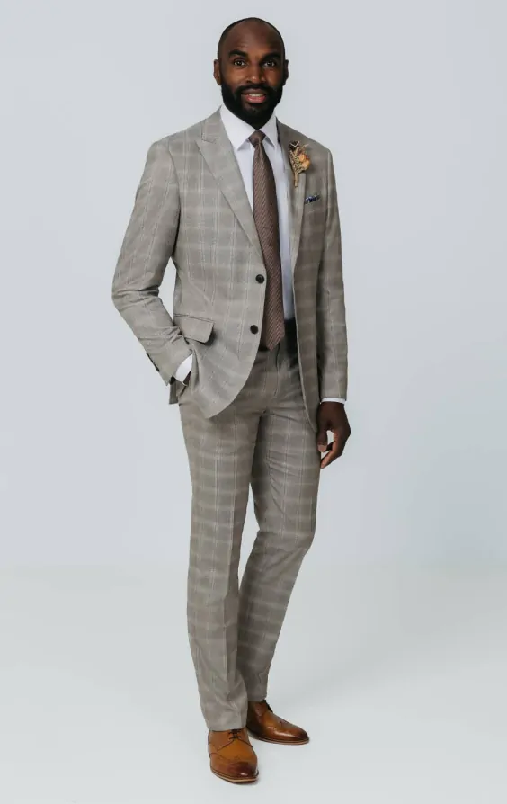 Taupe Check Suit Jacket with Peak Lapel thumbnail 2