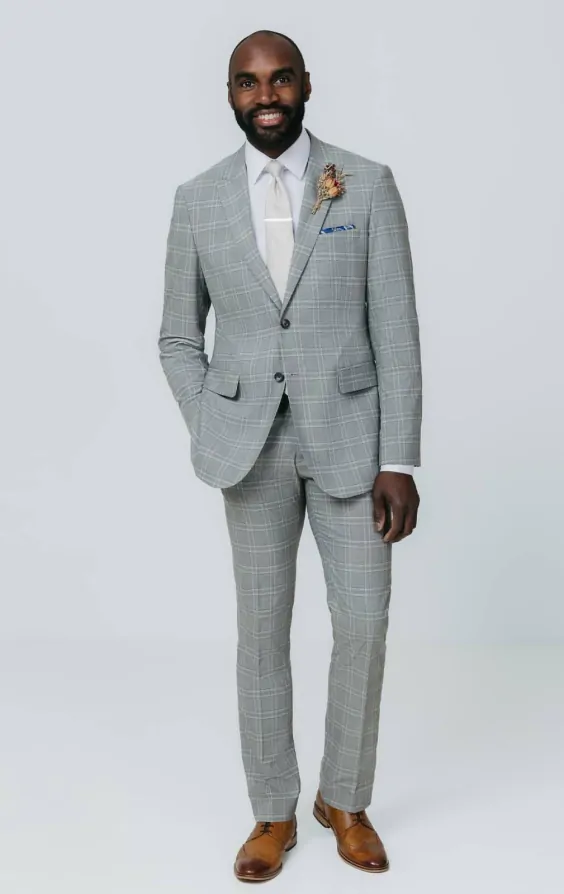 Grey with Tan Check Suit Jacket with Peak Lapel thumbnail 2