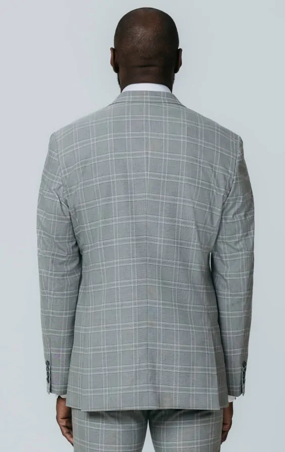 Grey with Tan Check Suit Jacket with Peak Lapel thumbnail 6