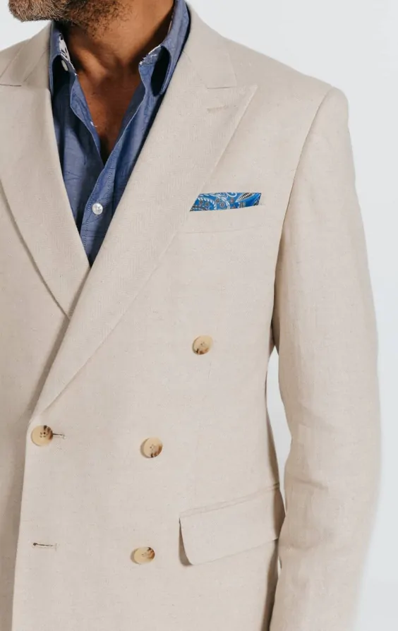 Oatmeal Linen Herringbone Double Breasted Suit Jacket with Peak Lapel thumbnail 4
