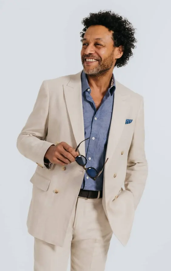 Oatmeal Linen Herringbone Double Breasted Suit Jacket with Peak Lapel primary image