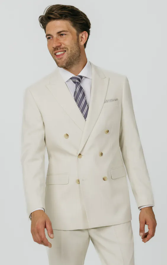 Winter White Twill Double Breasted Suit Jacket with Peak Lapel