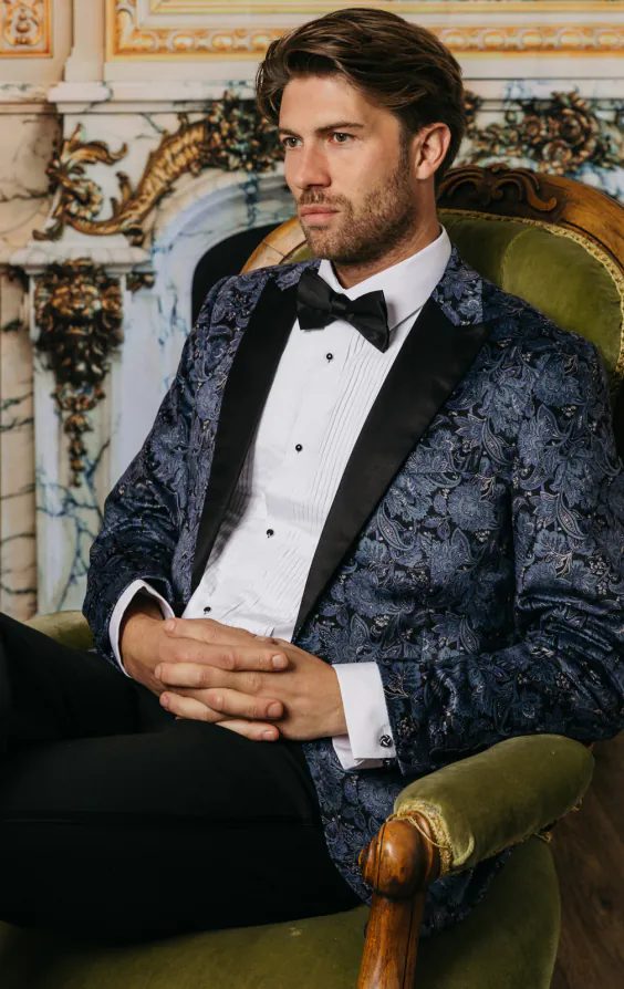 Blue Paisley Velvet Print Dinner Jacket with Peak Lapel - photo 1 Blue Paisley Velvet Print Dinner Jacket with Peak Lapel - photo 1