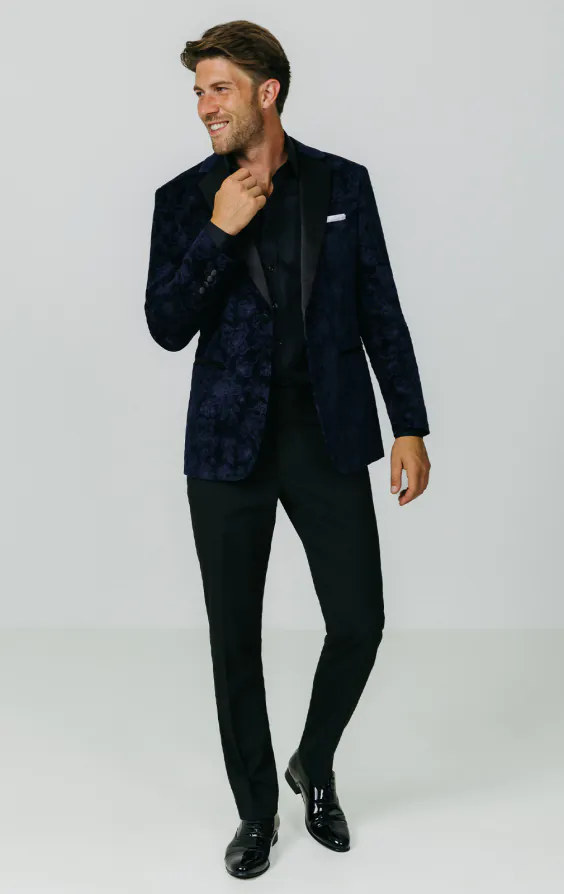 Navy Floral Jacquard Velvet Tuxedo Jacket thumbnail 2
