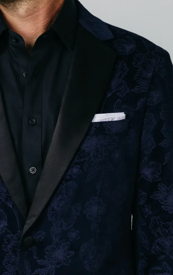 Navy Floral Jacquard Velvet Tuxedo Jacket thumbnail 4