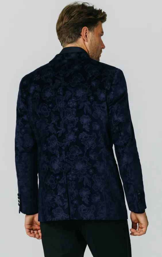 Navy Floral Jacquard Velvet Tuxedo Jacket thumbnail 6