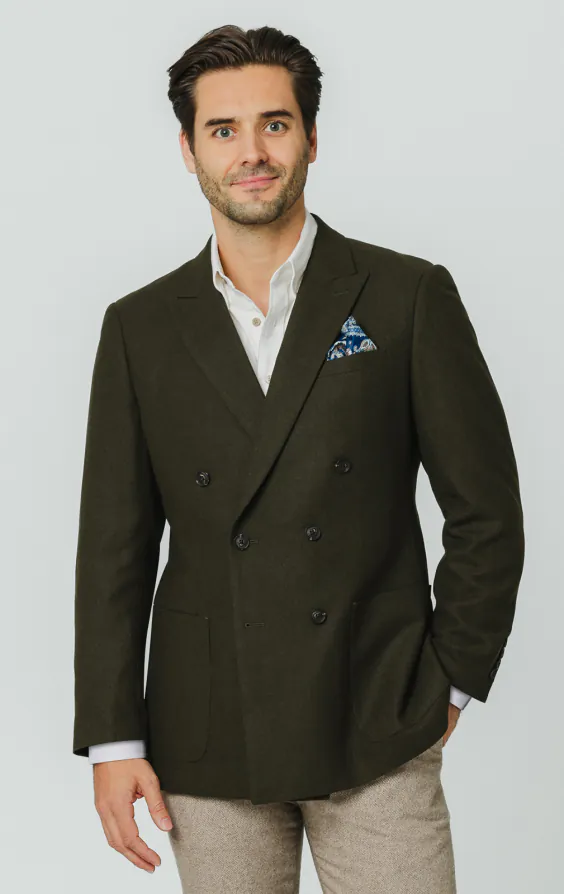 Khaki Brushed Wool Blend Double Breasted Jacket