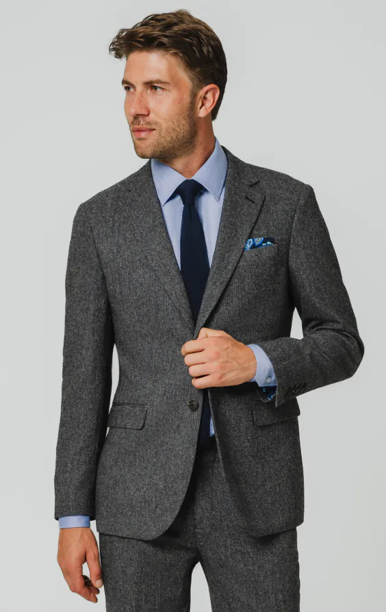 Grey Herringbone Tweed Suit Jacket