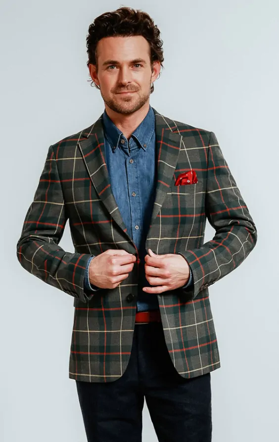 Dobell Grey Green Tartan Check Jacket