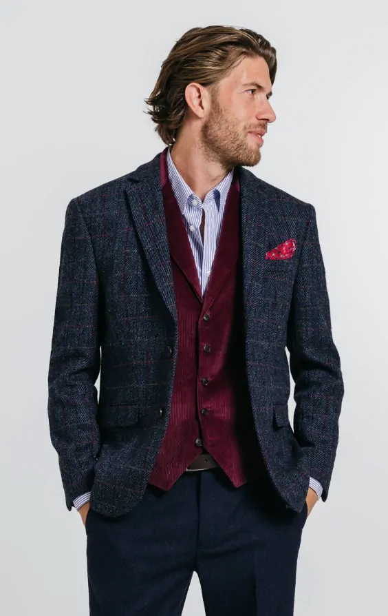 Harris Tweed Dark Blue Windowpane Check Tweed Jacket