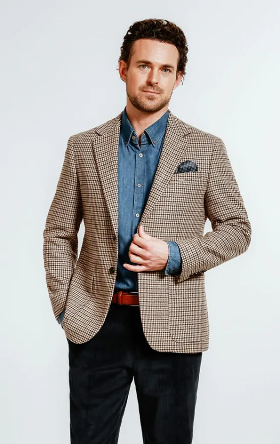Dobell Brown Green Dogtooth Tweed Jacket with Patch Pockets Dobell