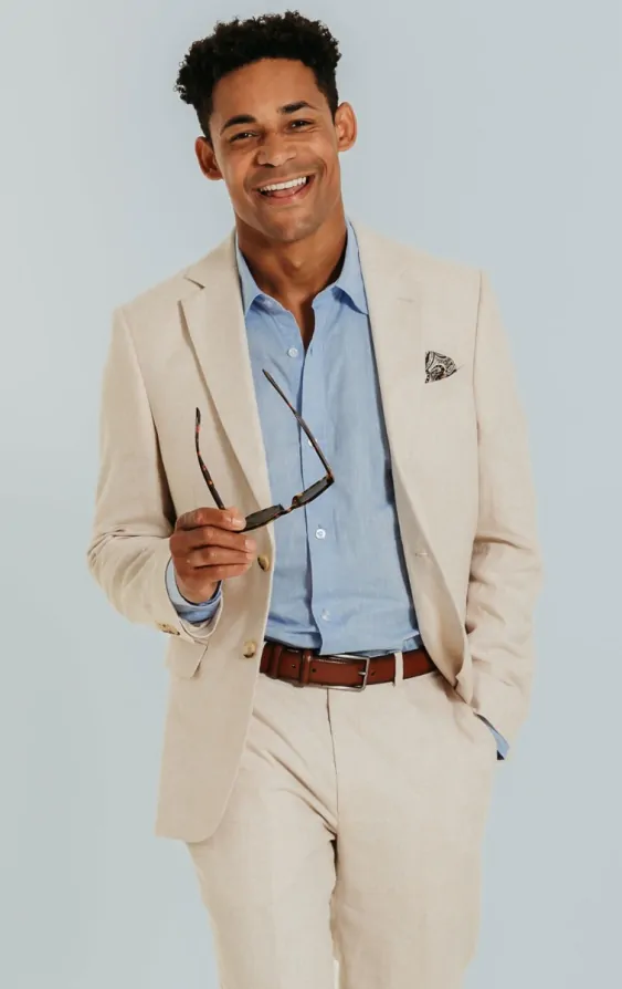 Dobell Cream Linen Slim Fit Suit Jacket