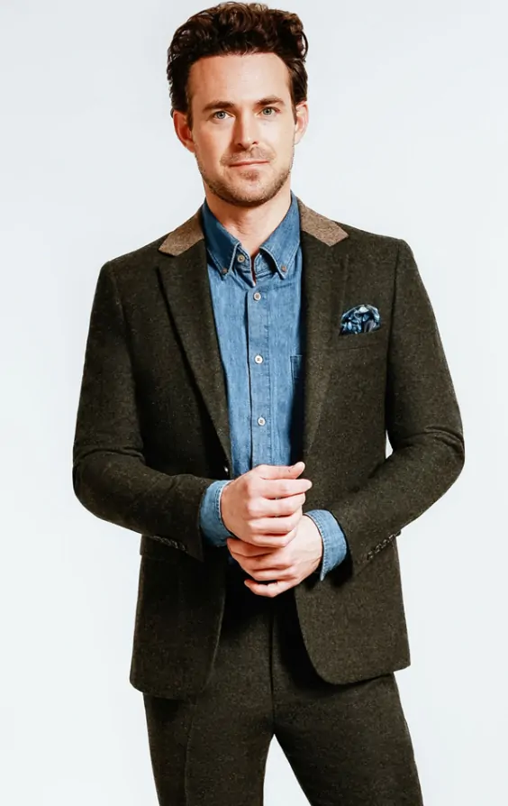 Dobell Dark Green Donegal Tweed Slim Fit Jacket with Oatmeal Trim Dobell