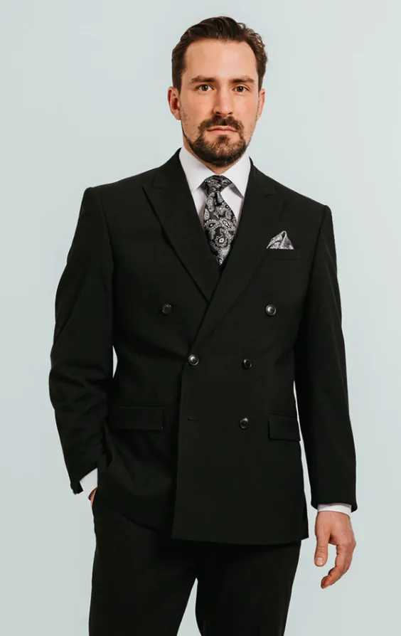 Dobell Black Double Breasted Suit Jacket with Peak Lapel Dobell