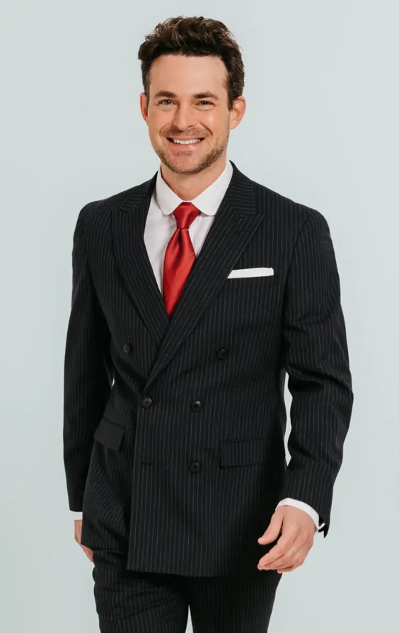 Dobell Navy Chalk Stripe Double Breasted Suit Jacket with Peak Lapel Dobell