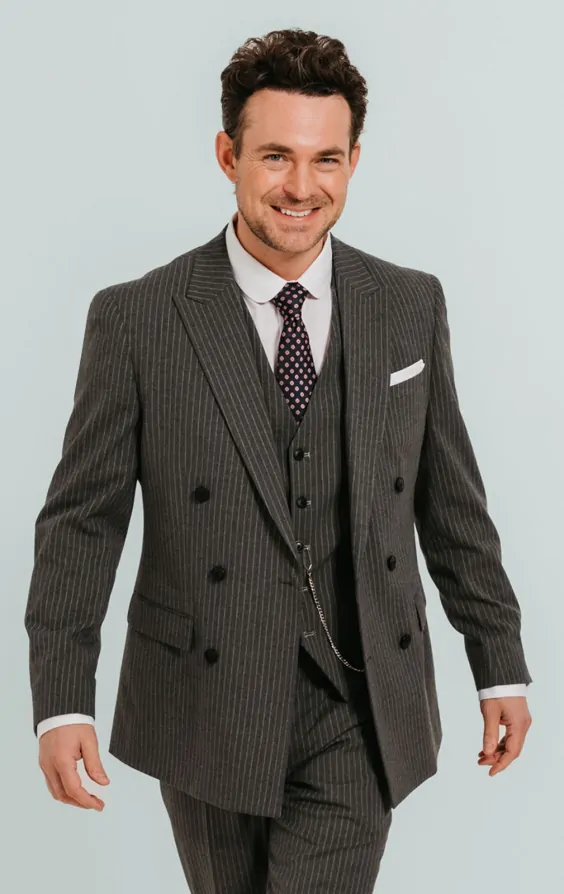 Dobell Charcoal Chalk Stripe Double Breasted Suit Jacket with Peak Lapel