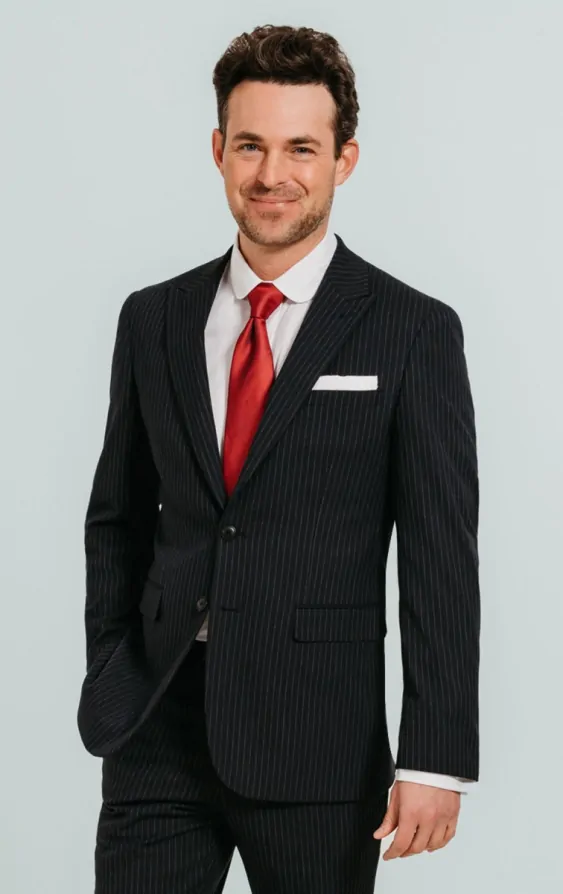Men'S Two Black And Red Stripe 2 Buttons Bold Chalk Pinstripe ~ Stripe Peak Lapel Cheap Priced Business Suits Clearance Sale Vested 3 Piece Pleated Pants main image 0
