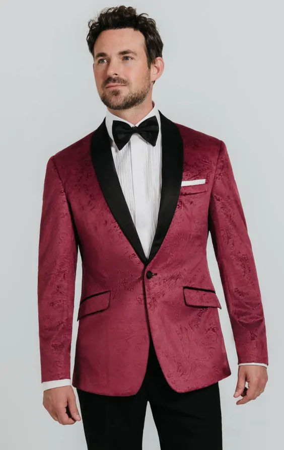 Dobell Burgundy Paisley Velvet Tuxedo Jacket