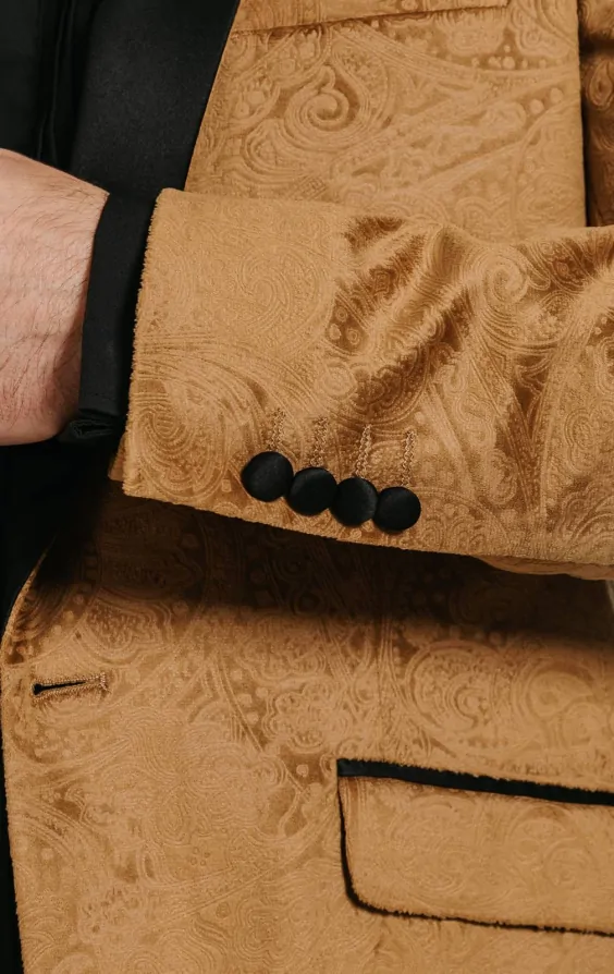 Gold Paisley Velvet Tuxedo with Black Trousers thumbnail 4