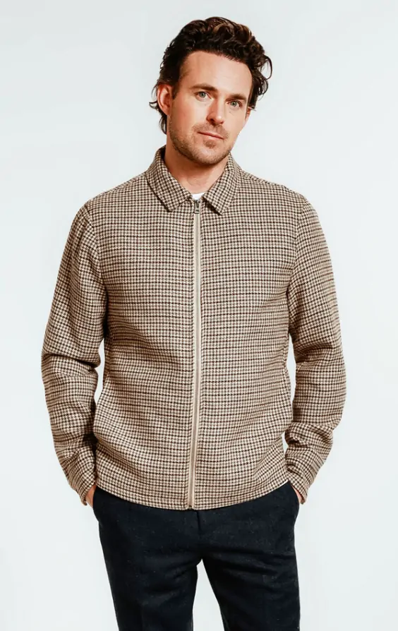 Brown & Green Dogtooth Tweed Blouson Jacket | Dobell Brown & Green Dogtooth Tweed Blouson Jacket | Dobell