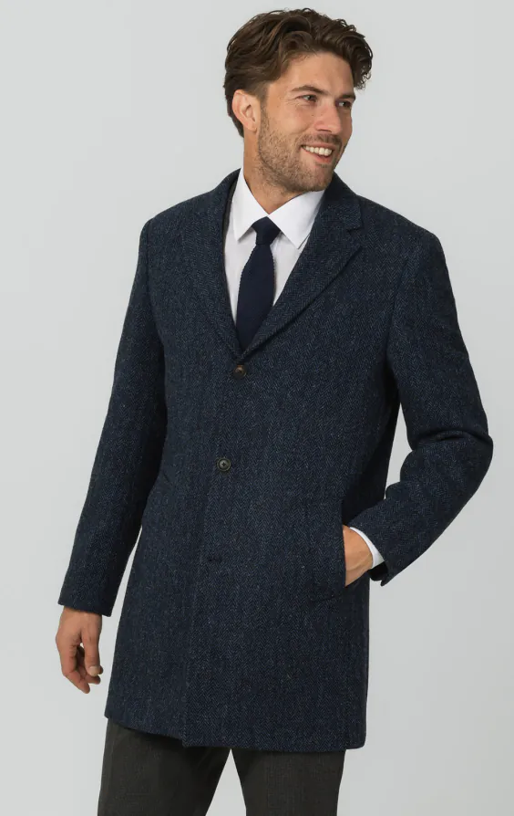 Harris Tweed Blue Herringbone Tweed Overcoat