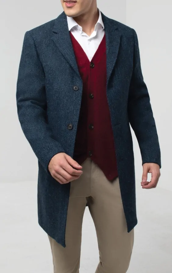 Harris Tweed Blue Herringbone Tweed Overcoat