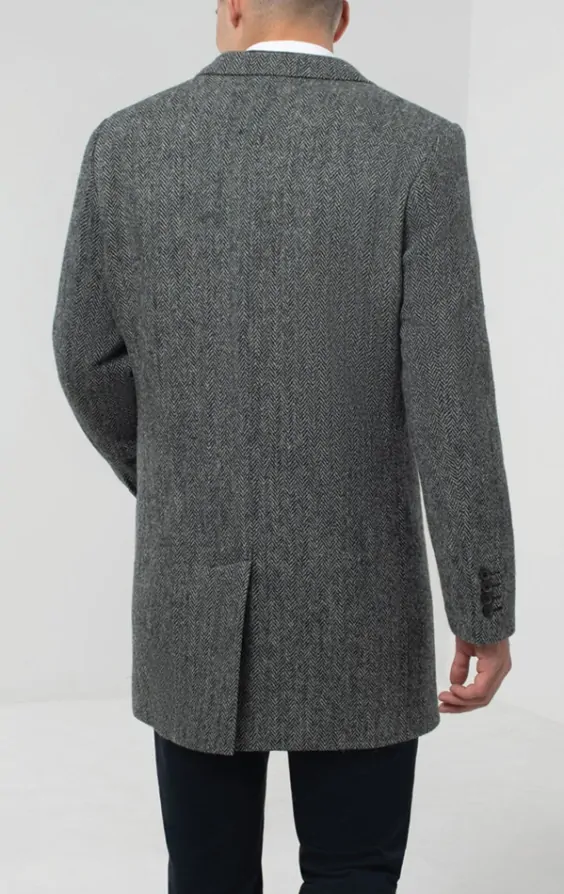 Harris Tweed Grey Herringbone Tweed Overcoat