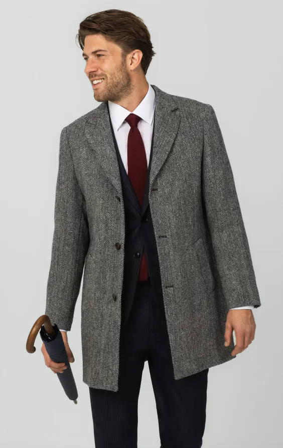 Harris Tweed Grey Herringbone Tweed Overcoat | Dobell