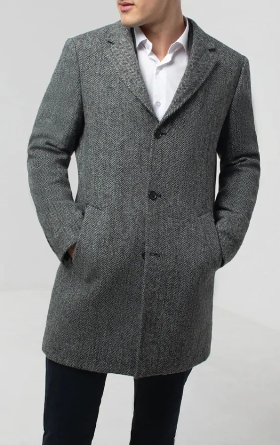 Harris Tweed Grey Herringbone Tweed Overcoat