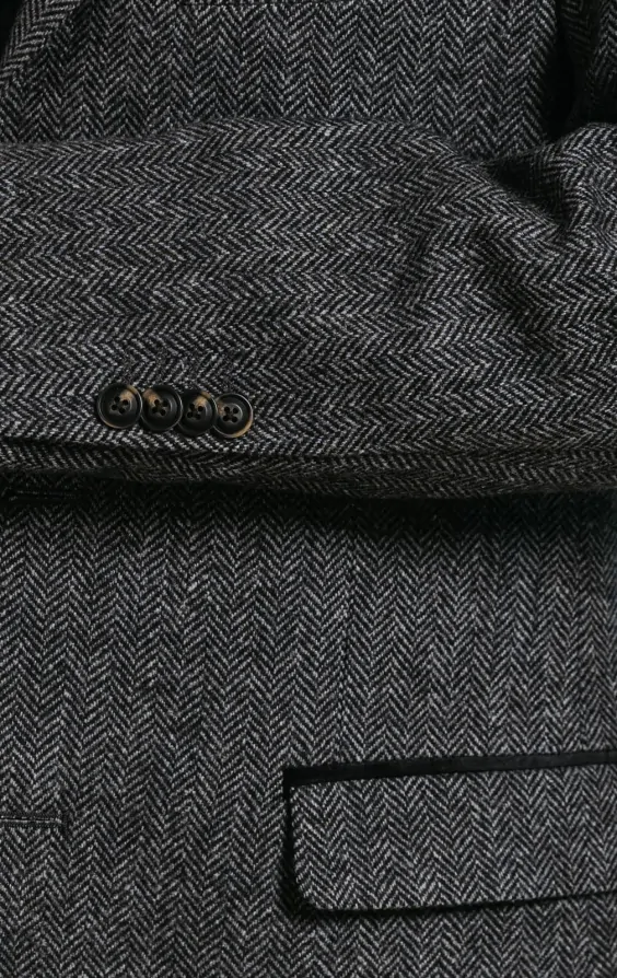 Dobell Grey Herringbone Tweed Overcoat with Velvet Trims