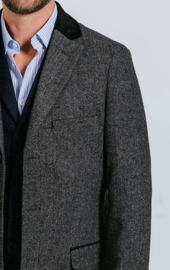 Dobell Grey Herringbone Tweed Overcoat with Velvet Trims