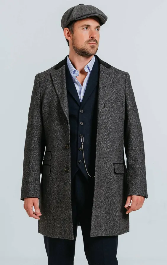 Dobell Grey Herringbone Tweed Overcoat with Velvet Trims