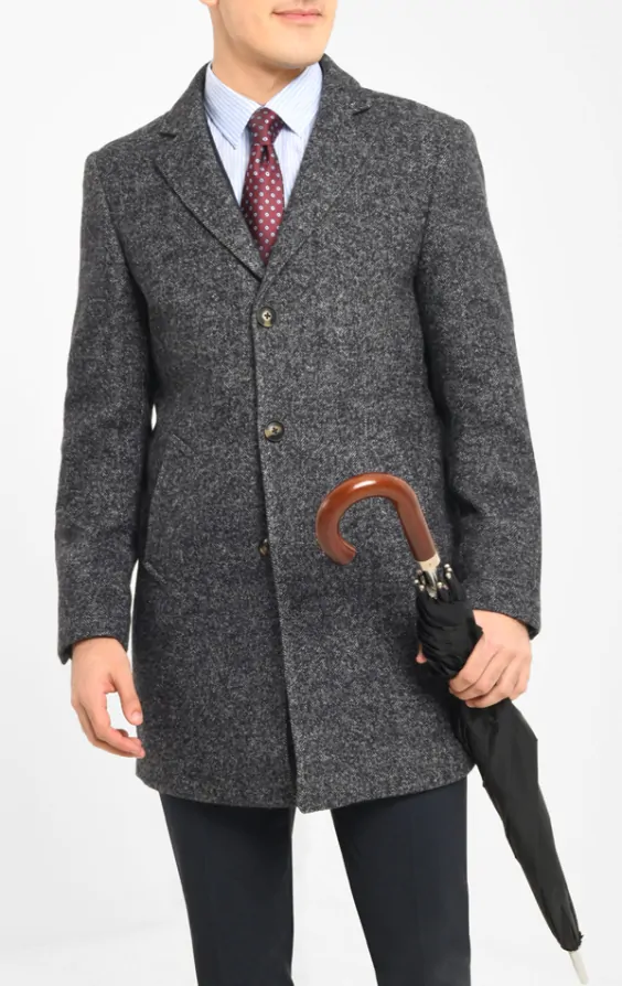 Dobell Grey Herringbone Flecked Tweed Overcoat Dobell
