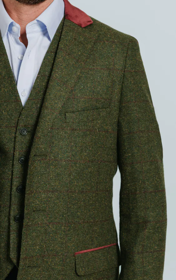 Green Windowpane Check Tweed Overcoat with Velvet Trims | Dobell