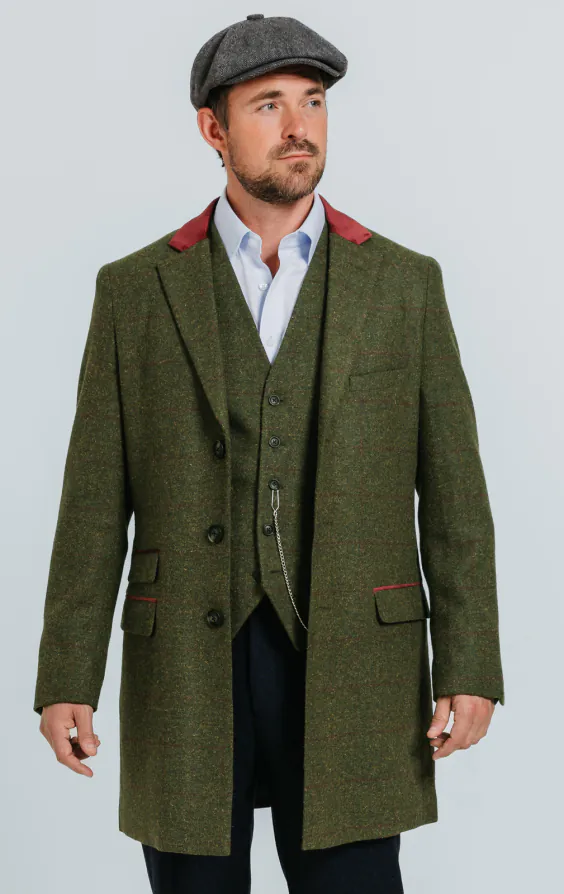 Dobell Green Windowpane Check Tweed Overcoat with Velvet Trims