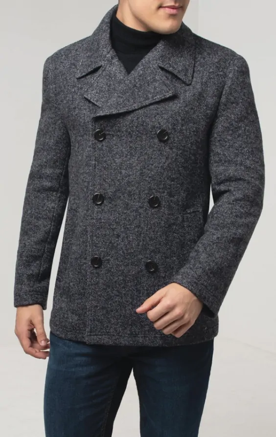 Dobell Grey Herringbone Flecked Tweed Pea Coat Dobell