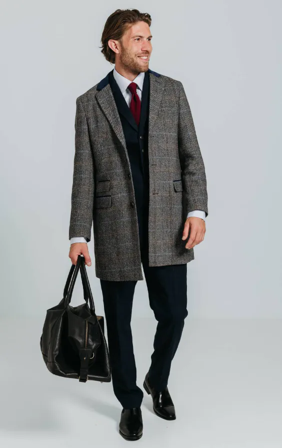 Grey and Blue Check Tweed Wool Blend Overcoat with Velvet Trim - photo 1 Grey and Blue Check Tweed Wool Blend Overcoat with Velvet Trim - photo 1