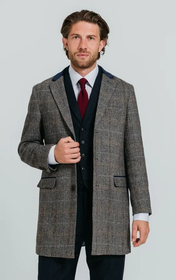 Grey and Blue Check Tweed Wool Blend Overcoat with Velvet Trim