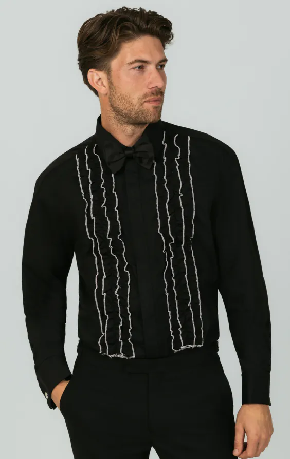 Black Dress Shirt with White Tipped Ruffle Front | Dobell