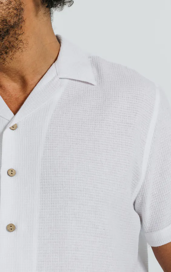 White Waffle Cuban Collar Short Sleeve Cotton Shirt - photo 2 White Waffle Cuban Collar Short Sleeve Cotton Shirt - photo 2
