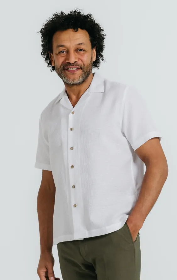 White Waffle Cuban Collar Short Sleeve Cotton Shirt | Dobell