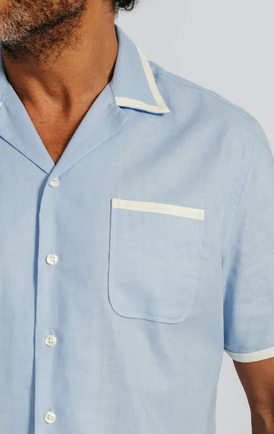 Light Blue Linen Cuban Collar Shirt with Contrast Tipping - photo 2 Light Blue Linen Cuban Collar Shirt with Contrast Tipping - photo 2