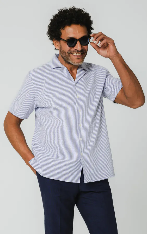 Blue & White Seersucker Cuban Collar Shirt Blue & White Seersucker Cuban Collar Shirt